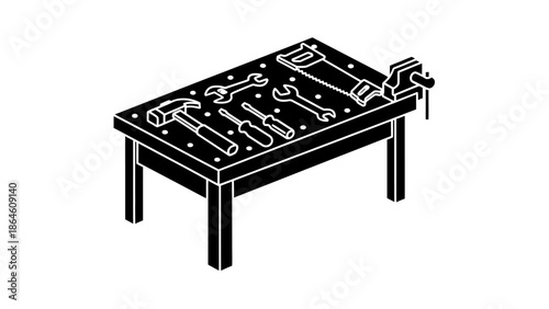 Isometric carpenter workbench with tools icon isolated on white.