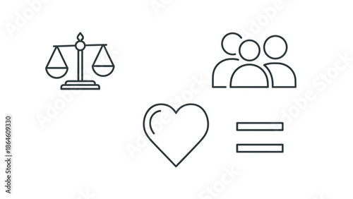 A black line drawing of a scale, two people, a heart and an equals sign on a white background, representing balance, love and equality in relationships and social issues