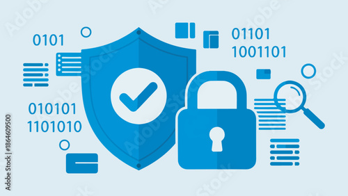Digital security concept with a shield, padlock, binary code, and magnifying glass.