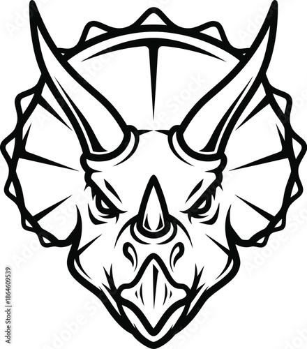 Fierce black and white outline vector illustration showcasing the intimidating head of a triceratops dinosaur featuring prominent horns and a detailed frill design