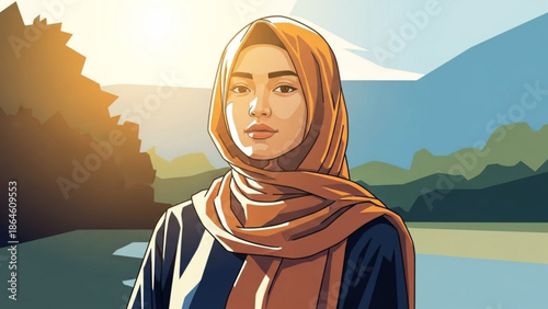 Portrait of a young Muslim woman wearing a hijab standing outdoors with a serene landscape representing faith and modern culture