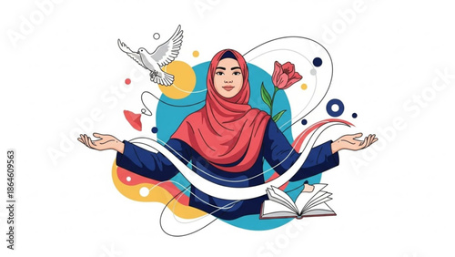 Woman in hijab with open arms symbolizing peace knowledge and freedom vector illustration for diverse concepts