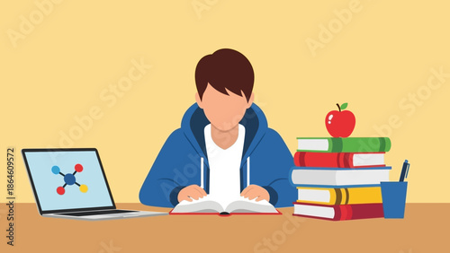 Young scholar immersed in an educational pursuit, blending knowledge from textbooks and digital resources to master scientific principles and academic challenges