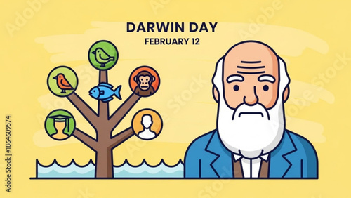 Charles darwin day february 12 illustration with tree of life and evolution icons on yellow background with Science and Biology and Nature and Environment