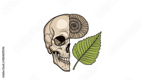 Human skull with ram horn and green leaf illustration, symbolizing contrast of life and death, nature and mortality, on white background with bone