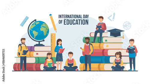 International Day of Education illustration featuring students of diverse backgrounds engaged in learning surrounded by books and educational symbols.