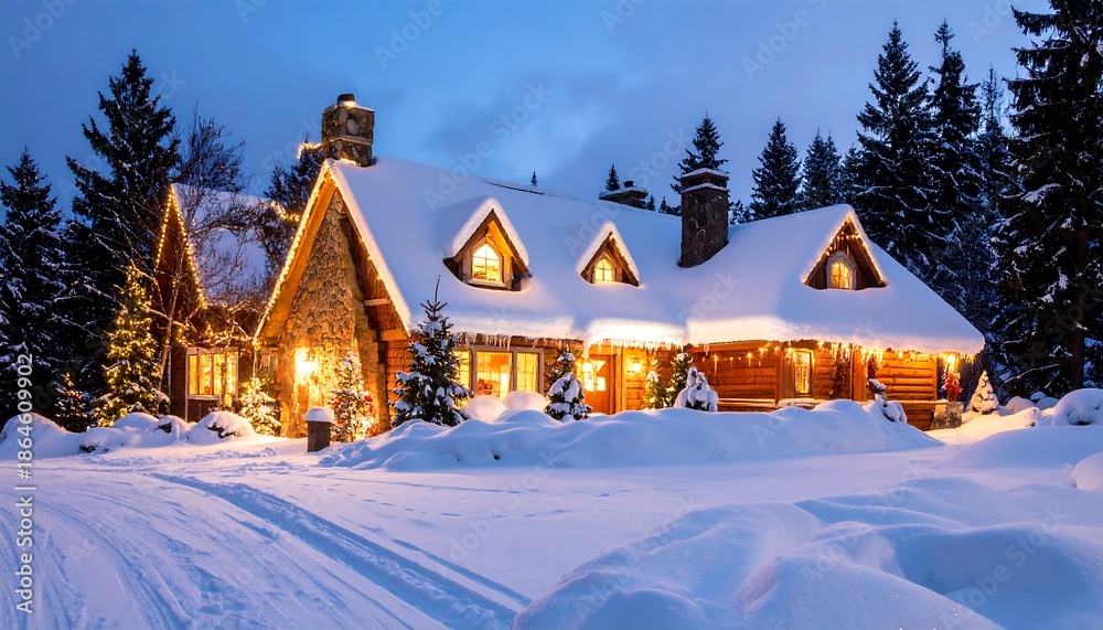 Fototapeta premium Cozy Log Cabin in Snowy Winter Landscape at Dusk.