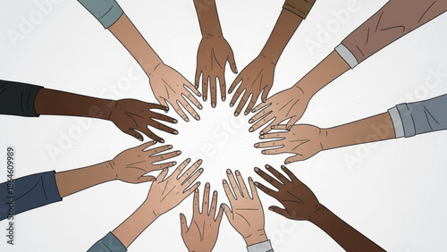 Diverse group of people putting their hands together in a circle as a symbol of unity and teamwork on a white background with diversity and inclusion