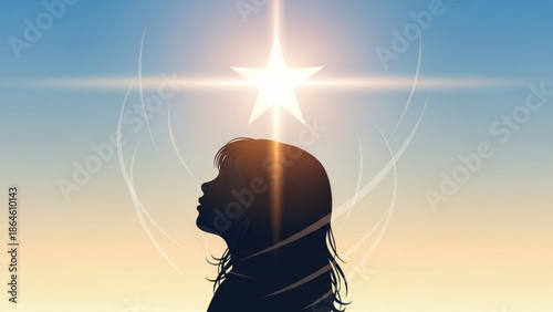 Silhouette of a woman looking up at a shining star in the sky with a glowing aura around her head at sunset with inspirational and hopeful and peaceful