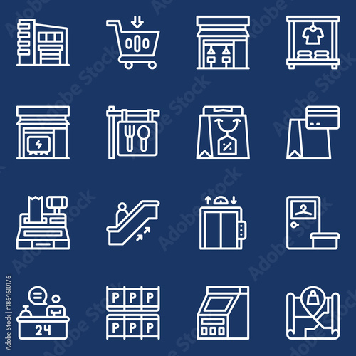 Comprehensive collection of line art icons depicting various aspects of retail, shopping, and commercial activities. Vector illustrations for e-commerce, store services, and sales concepts