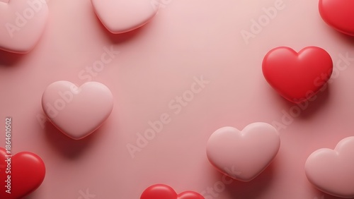 Close up of 3D red and pink hearts with soft shadows and matte texture