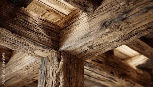 Wallpaper Mural Close-up of weathered, aged wooden beams forming structural joinery Torontodigital.ca