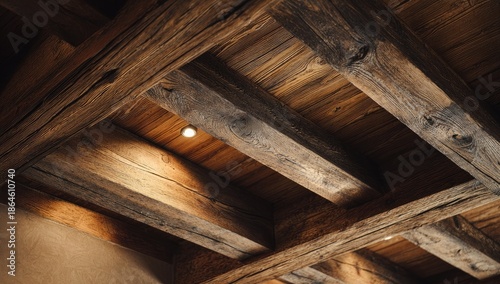 Wallpaper Mural Aged wooden beams forming a rustic ceiling, with a single light illuminating the texture Torontodigital.ca