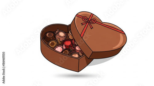 Open heart shaped chocolate box filled with assorted colorful sweets on white background, valentine's day treats with Valentine s Day and gift