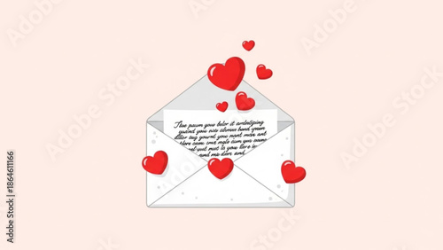 An open white envelope with a romantic letter and red hearts spilling out on a soft pink background for valentine's day or love themed designs and greetings