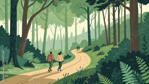 Digital detox concept vector of forest trail with walking figures enjoying silence