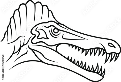 Ferocious black and white outline illustration depicting the head of a Spinosaurus dinosaur showing its distinctive sail and sharp predatory teeth ready for a fight
