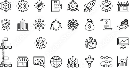 Business marketing line icons set, crm startup analytics sales strategy symbols, digital growth management concepts, minimal outline style, cad drawing flat vector illustration