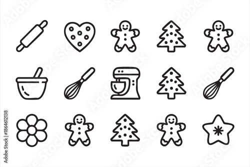 Cookie Baking Line Icons for Holiday Treats, Kitchen Illustration, and Festive Design