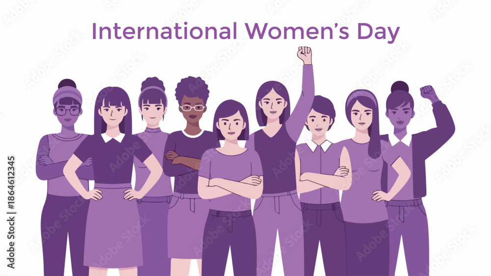 Fototapeta premium A diverse group of women standing together in solidarity for International Women's Day, with one woman raising her fist in empowerment.
