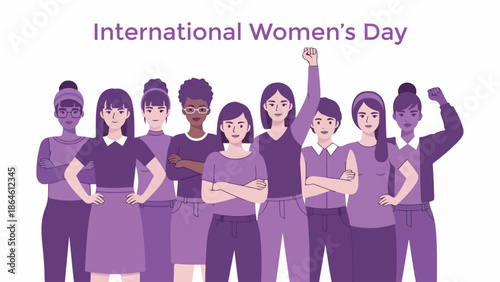 A diverse group of women standing together in solidarity for International Women's Day, with one woman raising her fist in empowerment.