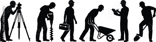 Black Silhouette Collection of Professional Construction Workers and Site Engineers Performing Various Building Industry Tasks Isolated on a White Background Vector