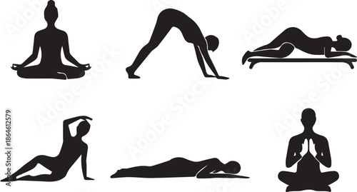 Silhouette of yoga poses in calm minimalist style representing meditation, balance, flexibility, and wellness. Black isolated human figure ideal for fitness, mindfulness, and healthy lifestyle designs
