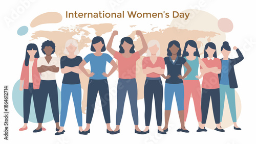 A diverse group of women standing together in solidarity, celebrating International Women's Day with a world map background.