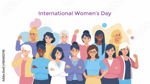 A diverse group of women celebrating International Women's Day, standing together in unity and empowerment.