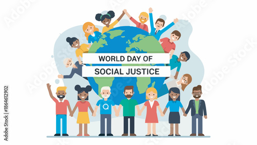 Diverse people from around the world holding hands around a globe, celebrating the World Day of Social Justice, promoting unity and equality.