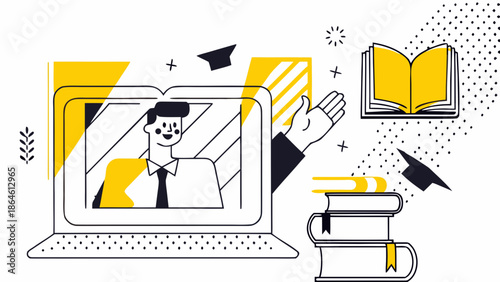 Online education concept with man on laptop screen and books around