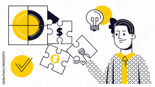 Businessman solving puzzle pieces with dollar sign and lightbulb for problem solving concept