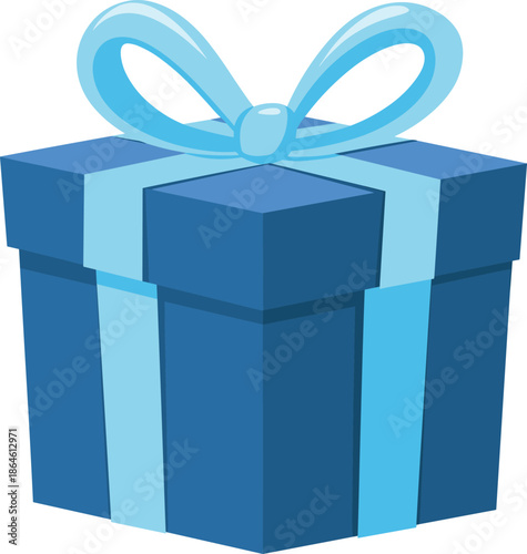 Blue gift box with ribbon bow illustration, present package icon, birthday celebration concept, holiday surprise design isolated