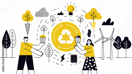 Sustainable living concept with recycling symbol and people holding plants surrounded by eco
