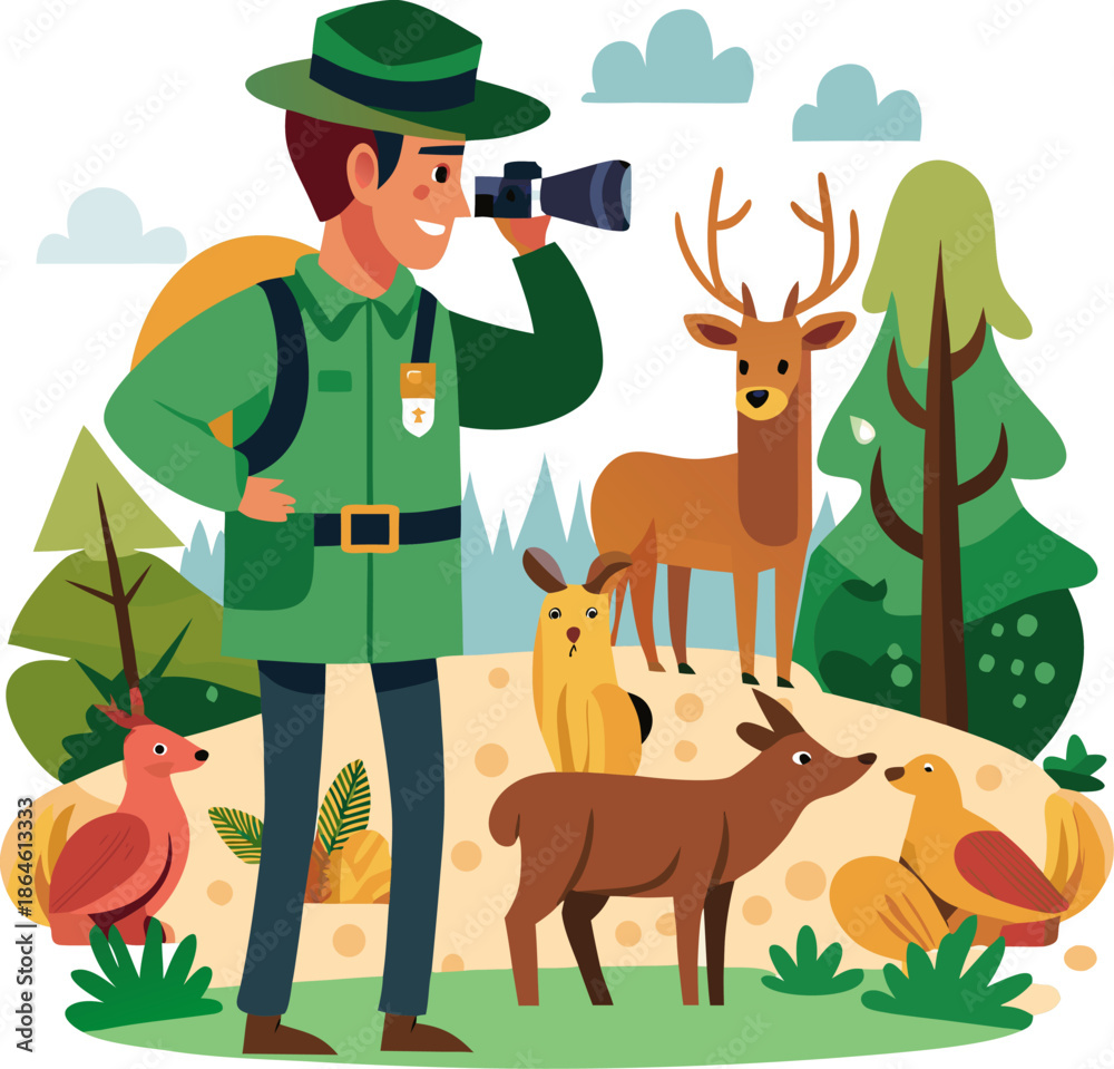 Fototapeta premium Flat vector illustration of a forest ranger looking through binoculars at a group of deer, white background.