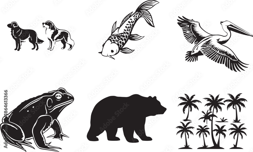 Fototapeta premium Black and white animal silhouettes with tropical trees
