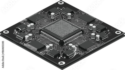 Isometric Electronic Circuit Board with Microchips and Processor Components, High Tech Computer Hardware Architecture, Digital Motherboard Engineering Design for Technology Systems,