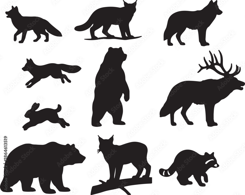 Fototapeta premium Collection of forest animal silhouettes including bears wolves and deer