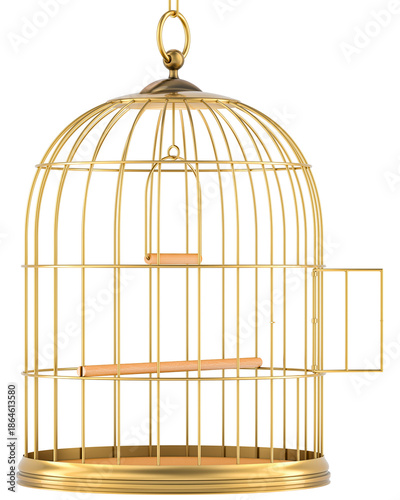 Golden bird cage with open door, transparent background