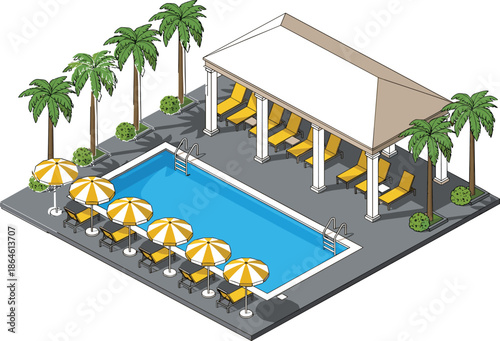 Isometric vector illustration of a luxury tropical resort swimming pool with palm trees, lounge chairs, sun umbrellas, and elegant white pavilion.