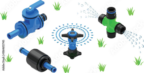 Isometric vector illustration of garden irrigation system components including water sprinklers, valves, pipe connectors, and spraying nozzles on green grass background.