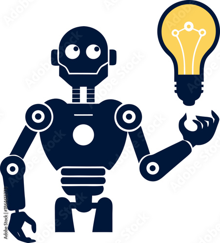 Silhouette vector of a robot hand holding a lightbulb, creative AI concept, white background.