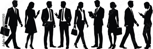 Black Silhouettes of Diverse Business Professionals and Entrepreneurs in Formal Suits Walking Talking and Using Technology Isolated on White Background Vector