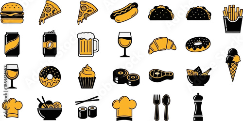  Fast food & dessert vector icon set. Cartoon collection of junk food: burger, pizza, fries, hot dog, donut, soda, ice cream. Cute illustration for menu, sticker, pattern. 