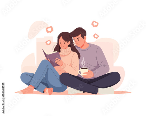 A couple sitting together, reading a book and drinking coffee, surrounded by hearts.