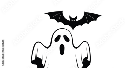 Spooky black and white silhouette of a screaming ghost with a flying bat overhead perfect for Halloween designs.