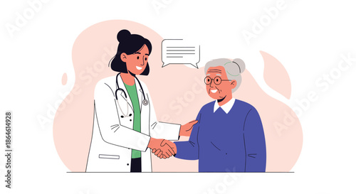 Friendly female doctor wearing a stethoscope shaking hands with a smiling elderly female patient in a welcoming clinic.