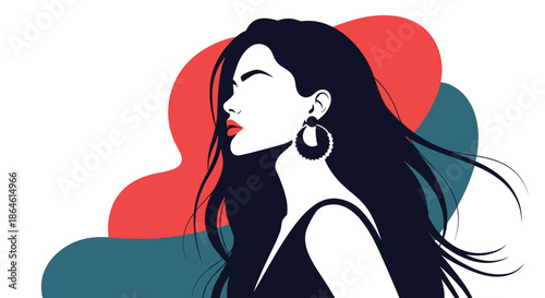 Stylish vector portrait of a beautiful young woman with long black hair and red lips against an abstract colorful background.