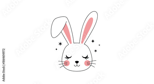 Adorable sleepy cartoon bunny face with closed eyes long eyelashes and pink ears surrounded by sparkles on a white background.