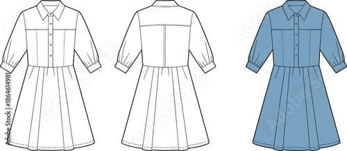 Button-down dress sketch, front and back view, collared neckline, gathered skirt, cuffed sleeves, fashion illustration, cad drawing, flat vector